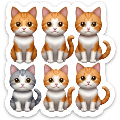 six cats of different colours: 1 small ginger and white, 1 small brown tabby and white, 1 small grey and white, 1 big grey and white, 1 mostly grey with white paws and small white patch on chest and 1 calico sticker