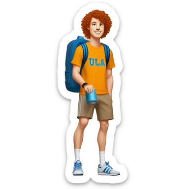 redhead with curly hair white college student guy wearing a UCLA shirt, brown shorts, and adidas samba shoes. He is holding an orange hydroflask   sticker