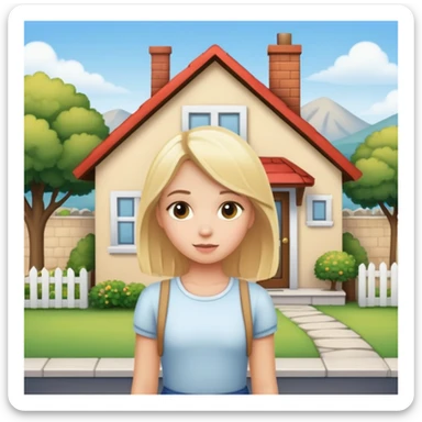 a blonde girl standing outside a small cute home sticker