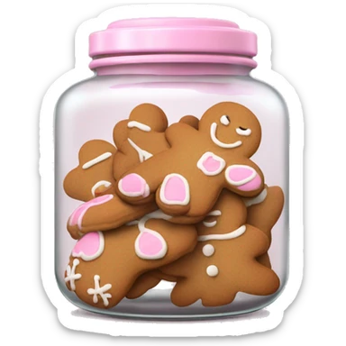 Realistic glass cookie jar with light pink lid full of gingerbread cookies isolated.  sticker