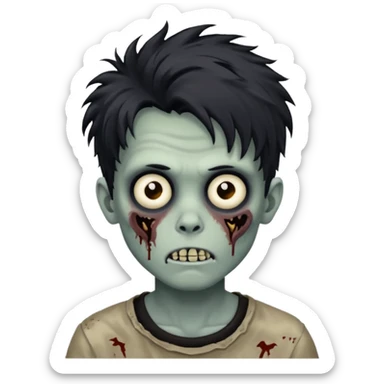Zombie Boy with black large messy hair and teenager aparience, black background sticker