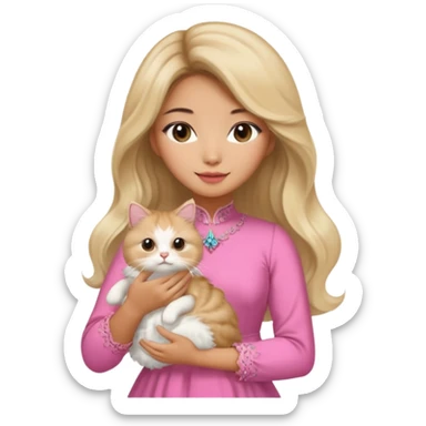 An Asian lady with long, voluminous, balayage hair, blonde highlights in a pink dress, holding a Persian cat  sticker