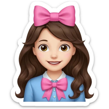 Brunette, long wavy hair, girl emotions and a pink bow sticker