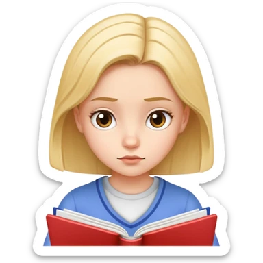 Young girl with focused expression reading a notebook sticker