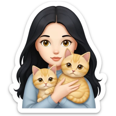 Beautiful girl with long black hair holding a cute golden British shorthair kitten in her arms sticker