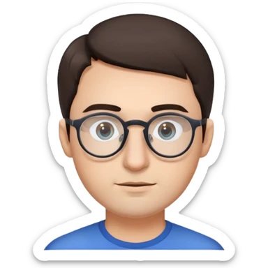 guy with dark brown hair, round face, glasses with thin gray frames, cropped haircut, regular stubble on his face, big nose, blue eyes, thick eyebrows sticker