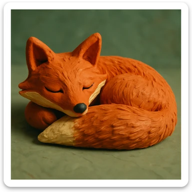 fox curled up sleeping, soft lighting, vibrant colors, detailed fur, claymation style sticker