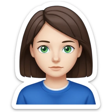 blue/green eyes , pale skin , brunette hair , white t-shirt with a dark blue sweatshirt over too sticker