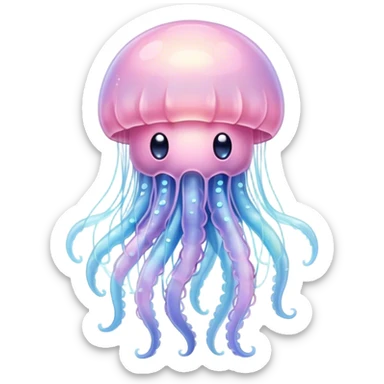 Cinematic floating kawaii jellyfish, tiny round body, soft glowing tentacles, pastel pink and blue hues, delicate sparkling highlights, dreamy and adorable. sticker