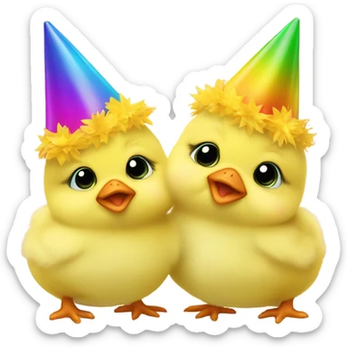 4 baby yellow chickens, wearing party hats sticker