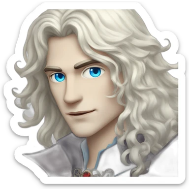 pale handsome flirty vampire prince with long wavy white hair and light blue eyes sticker
