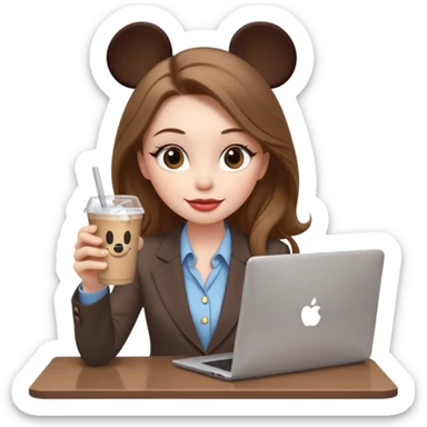 Women in front of laptop that has a Mickey sticker on it, with a happy face, face a little fuller, lips plump, full eyebrows, long light brown hair, light brown big eyes, light pale skin with a iced coffee on the side, business attire sticker