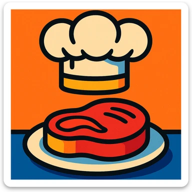 juicy steak on a plate, chef's hat sticker