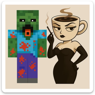 Combine both characters from the reference images into a single scene, keeping their original styles, outfits, and colors. Place them side by side, each with a neutral expression. sticker