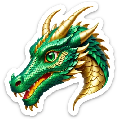 Cinematic Noble Dragon Portrait Emoji, Poised and majestic, with a sinuous, elongated body covered in intricately detailed, shimmering scales in hues of emerald and gold, and piercing, fiery eyes that reflect ancient wisdom; rendered with lifelike texture and natural highlights, high shine, intelligent and formidable, styled with an aura of mythic power, focused and attentive, soft glowing outline, capturing the essence of a legendary dragon that appears ready to soar out of the screen with timeless authority! sticker