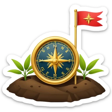 A minimal emoji of a compass pointing toward a planted flag. Flat design, confident colors, modern emoji style. Represents choosing direction and seeing it through to completion. Avoid corporate or motivational poster aesthetics. sticker
