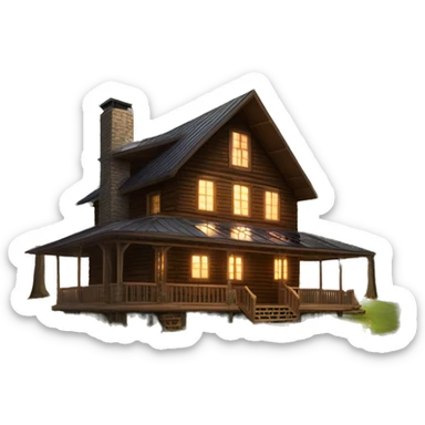Skywalker Cabin is a clean Very big Wood Cabin near tree on the mountain in the background. The cabin is 5 stories tall with extensive solar arrays on top. The cabin sits on thick grass fields. porch lights on ,guests on porch smoking ,flowers and bushes  sticker