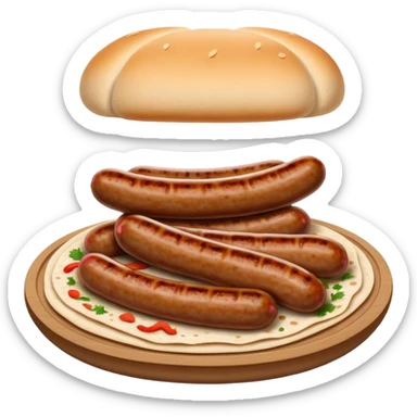 Cevapi Cinematic Realistic Cevapi Dish Emoji, depicted as modest, short, skinless sausages served with traditional flat bread, rendered with realistic textures and rustic, inviting lighting. sticker