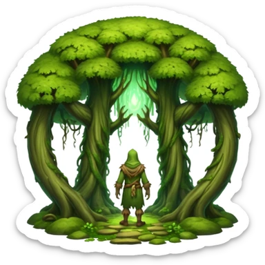 full body moss druid man, from behind walking into glowing forest portal sticker