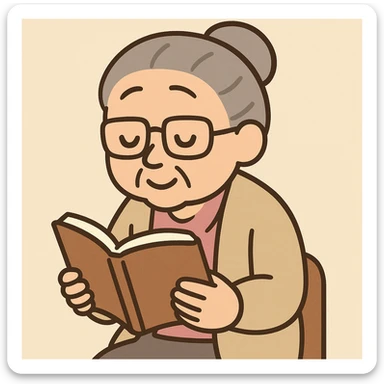 elder woman with glasses, irasutoya style, flat toon, reading a book, gentle look sticker
