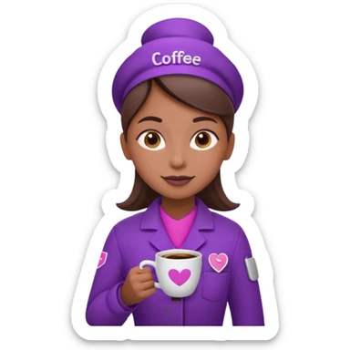 Create 3D minimalist emoji in the style of Coffee Lover — a coffee shop and roastery brand.
Style: cozy, warm.
Colors — purple-pink range.
barista with coffee
on the form it says Coffee Lover sticker