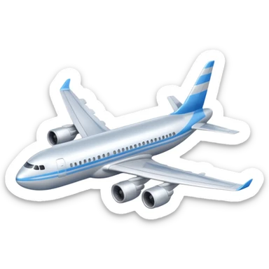 A 3D cartoon commercial airplane flying above clouds, silver body with blue stripes, smooth reflections, Memoji-style realism. sticker
