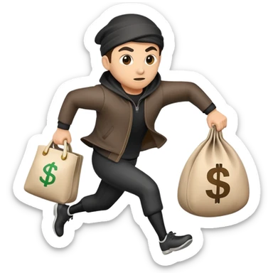 thief escaping with a money bag, motion lines sticker