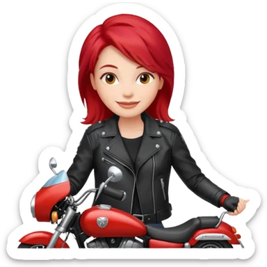 confident woman with bright red hair and a red motorcycle jacket sticker