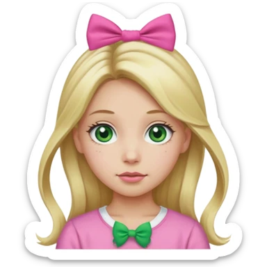 blonde girl long hair middle part, green eyes, pink bow and scrunchie sticker