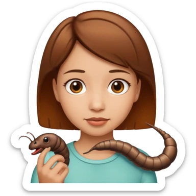 a girl light skin with brown eyes, brown short hair and a worm sticker
