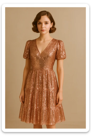 Change the pink dress to a shimmering rose gold with sequin details, keep the rest of the look the same, glamorous and eye-catching style. sticker