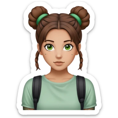 Me, im a 27 year old girl with shoulder length brown hair half up in space buns with green eyes and tattoos, wearing a casual outfit sticker