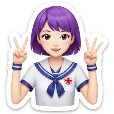 Energetic anime girl with short purple hair wearing Japanese sailor style school uniform, winking and making double peace signs, very cheerful and bubbly, kawaii style sticker