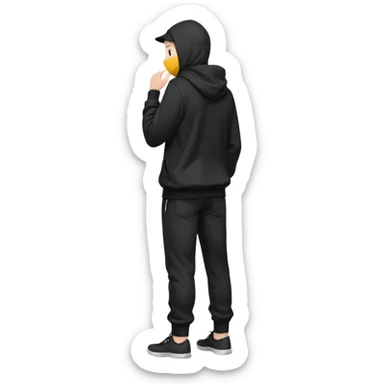 fullbody Mysterious shy caucasian man in black hoodie on head, hands in pockets and black pants rear backview sticker