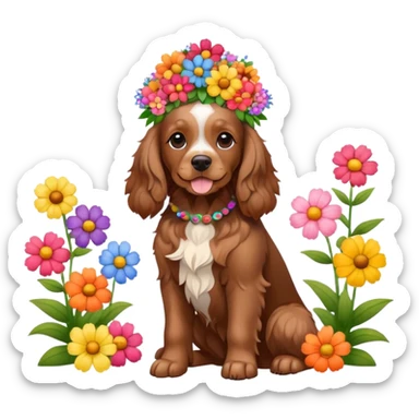 Full body shot of a brown cocker spaniel sitting happily with lots of flowers on his head sticker