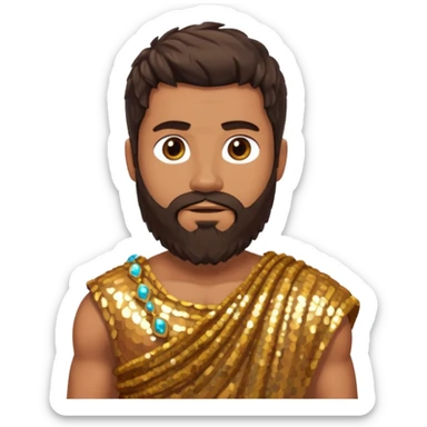 Hercules from Roman Deities with long dark brown hair and beard, bronze sequin toga sticker