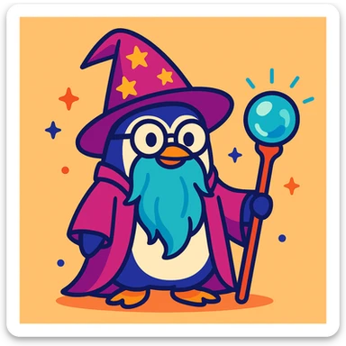 whimsical style wise penguin wizard with glasses, a long beard, and a magical orb sticker