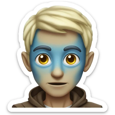 male alien blue skin yellow eyes pointed ears brown hair sticker