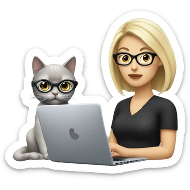 A woman with blond dark hair and thick black glasses using a laptop with her grey cat sticker