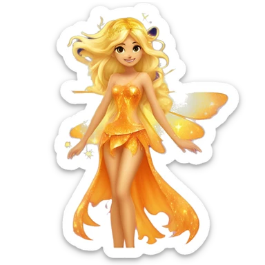 Stella adult latina fairy of the sun and the moon in her enchantix fairy orange two-piece clothing and fairy enchantix wings and long blonde hair from winx club. Lots of sparkles and fairydust. Full body pic and full fairy bliss sticker