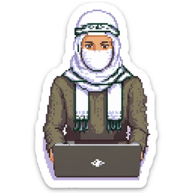 pixel art of a Palestinian person with a laptop, wearing a keffiyeh scarf sticker