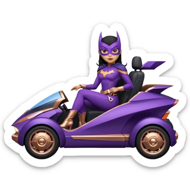 Hot full size real-appearance racing action BatGirl’s Lego feminine midnight-purple tight outfit sixty’s tv show 1992 stealth retro sporty petite off-road pursuit hovering hover cruiser car rose gold accents (black hair,reclined and relaxed seating position and attitude) desert sticker