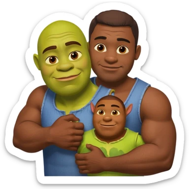 a black muscular man hugging Shrek, emoji style sticker