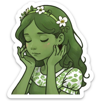 girl with wavy brown hair putting hands on neck sticker