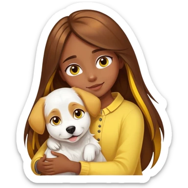 A girl with long brown hair with yellow highlights, big eyes and slightly dark skin happily hugs a white dog tightly sticker
