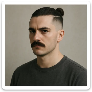 guy with a moustache and a man bun, low taper fade haircut, looking serious, neutral background sticker