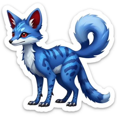 Feral Rare Fantasy sapphire-blue Vernid-Sergal-Genet-species by LiLaiRa, random markings, tufted ears, full body, 4 legs, darker ears, darker legs, red markings, white belly sticker