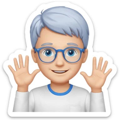 smiling boy in white shirt saying hi with blue glasses and blue eyes and gray hair  sticker