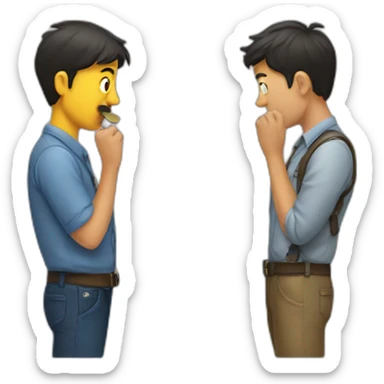 one person sniffing another person's belt sticker