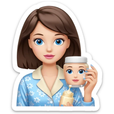 Barbie girl with makeup, blue eyes , and bob long haircut wavy, short brown hair in creamy color pajamas, face cream in hand sticker